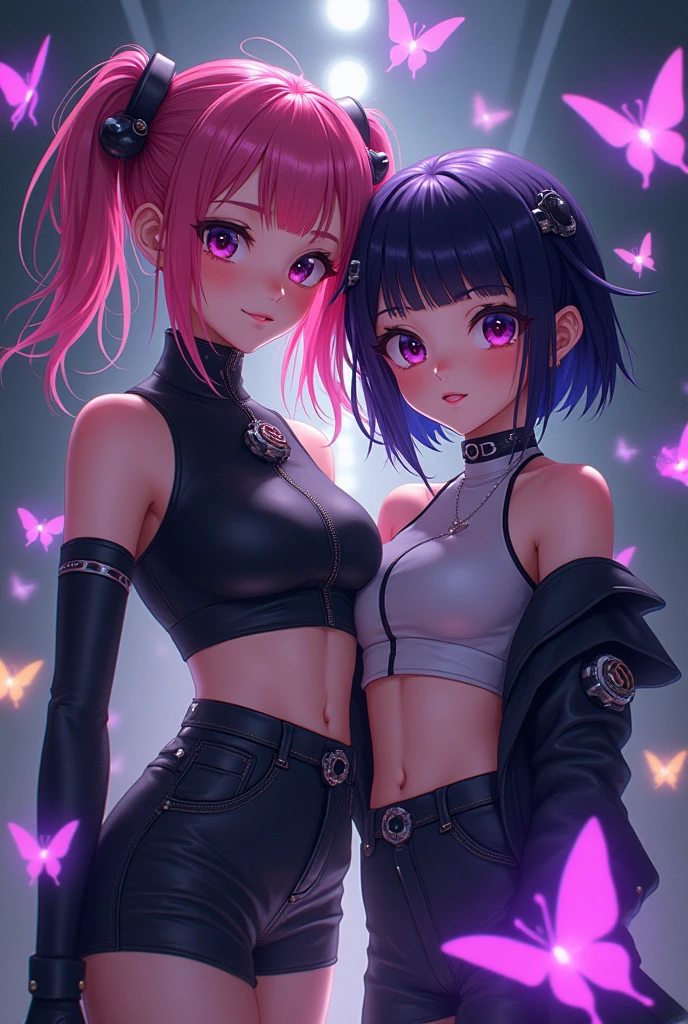 girl hair pink with black and friend girl hair black with purple , butterflies purples , anime HD , oufit futurista, crop top, match icon, ambient dark
