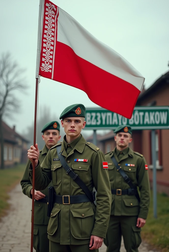 Create art, where are Belarusian soldiers posing over a village with a flag their flag is white-red-white it consists of three horizontal equal stripes - white red white, with the ratio of width and without the coat of arms purely vertical flag white-red-white behind them stands a road sign with the text Medvezhye-Sankovo