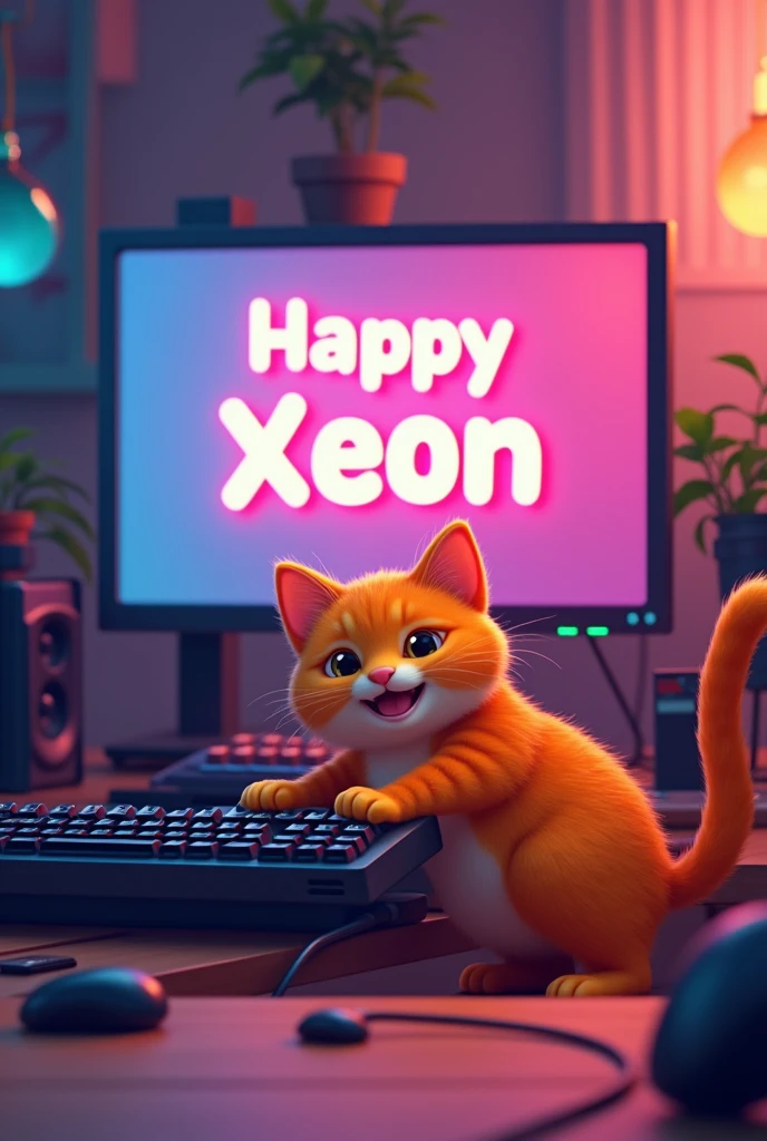 Cute orange cat, gaming computer, Happy Xeon text on the screen computer