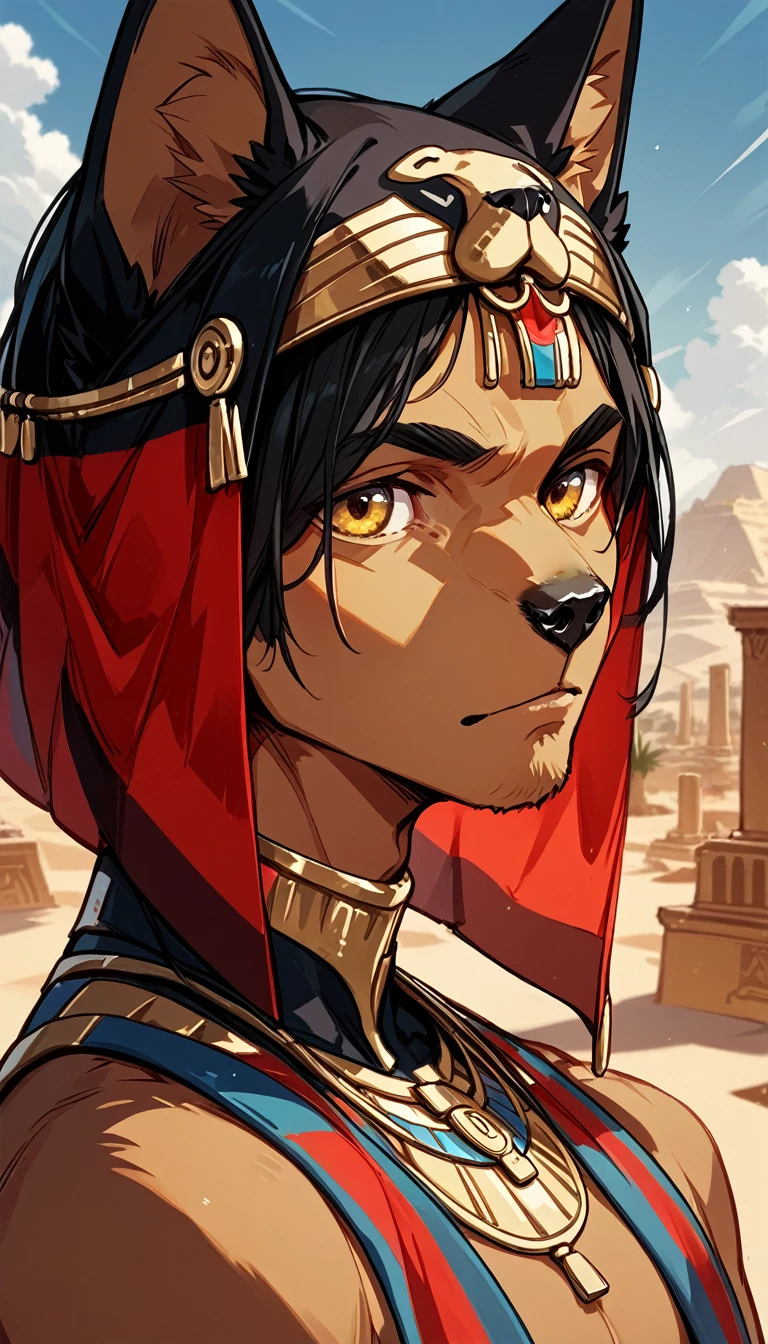 score_9,score_8_up,score_7_up, source_furry, Egyptian Temple, desert, ancient Egyptian, ((Dog head, Man's body)), Egyptian Palace。 Anubis,Sitting on the grand throne。,His beautiful obsidian skin gleams in the sun,Perfect body,Abdominal muscles。His legs were casually crossed, revealing a huge sole。He looked down at you in amusement.