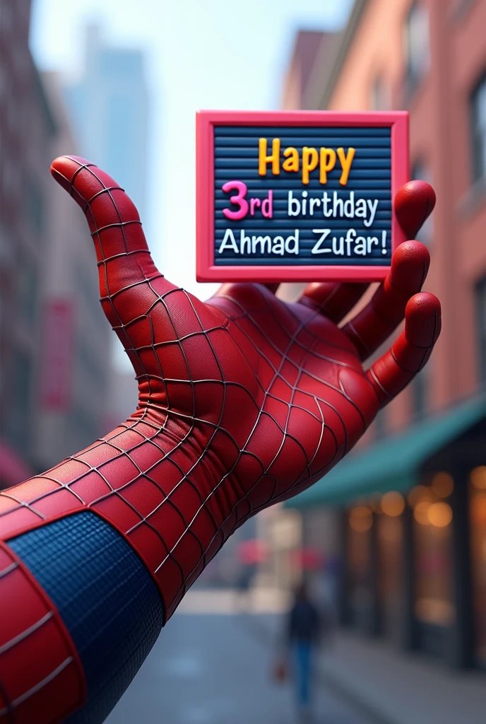 Spiderman hand pose and on other hand hold board state "Happy 3rd Birthday Ahmad Zufar!"