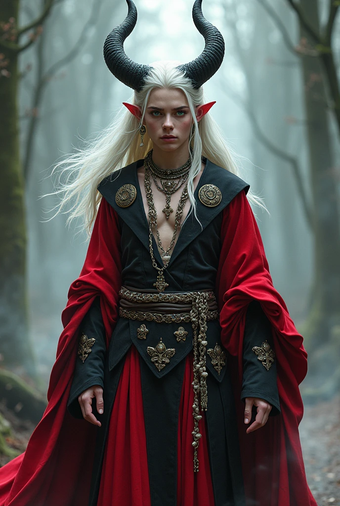 Young Man , ((( red + black outfit), snake jewelry and horns, long sleeves, wide sleeves, , embroidery, long skirt, North Prince outfit, long flowing white hair, detailed face, detailed green beautiful eyes, (intricate:1.3), (arcane aura:1.2), (dreamlike:1.3), (subtle mist:1.1),(vibrant colors:1.2), (detailed hair:1.3), (ultra realistic details:1.5),( she look like hell from North mythology)