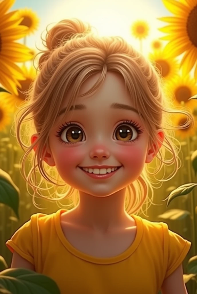 A realistic 1 girl, surrounded with sunflowers, warm god rays on face, a cutest smile, in yellow top