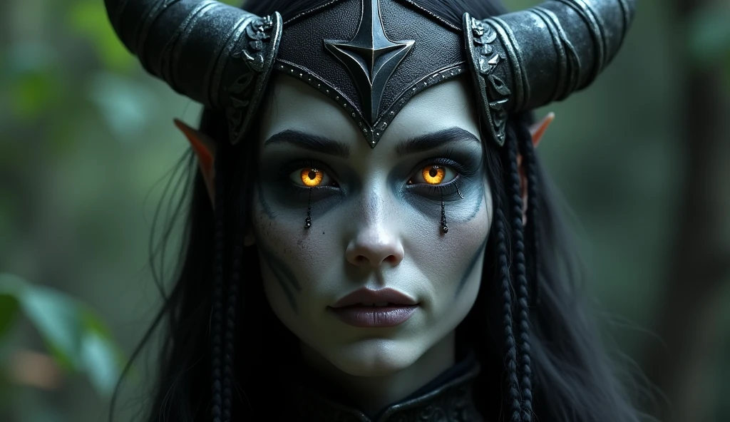 There is a female demon with grey skin and bright yellow eyes dressed in a costume with horns and a horse, beautiful dark elf countess, portrait of an Elf Queen, dark elf maiden, together | medieval, Close-up of the cinematic goddess., Dark Elf Princess, an Elf Queen, elf character with smile, of an ancient ring elf, Elf Queen, diablo 4 queen, cinematic goddess shot
