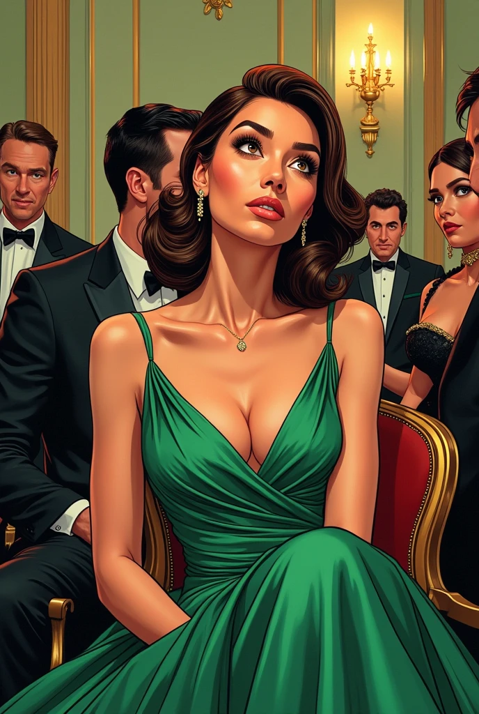 Comic style picture of a woman wearing a green dress at a formal event sitting while looking up