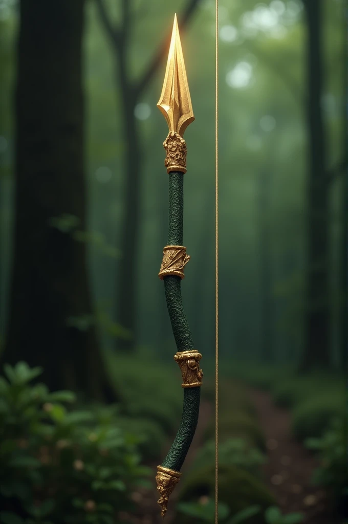 Generate picture of a Whip with sharp pointed edges of golden colored edges and deep green colored grip. Background is to be forest sounds
