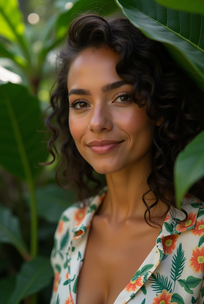 A Brazilian woman in a lush tropical garden, wearing an open shirt with a floral print, with a close-up capturing the harmonious beauty between her breasts and the natural flowers, showing off your natural charm and outgoing personality.