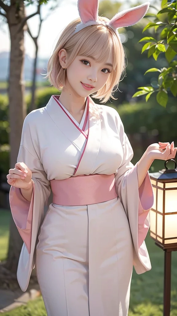 (Ultra high definition,Very sophisticated,Perfect Face,Age is 16,Highest quality,Realistic raw texture,Realistic,Natural smile,Pink platinum blonde,Sexy hairstyle:1.5),(Slender and exquisite physique,Stylish thin eyebrows:1.2),(see through,Japanese clothing,Traditional Kimono,Bunny ears:1.4),(perfect body,perfect proportion,The torso is short,Red full moon and silver grass background,Time: Night:1.3),