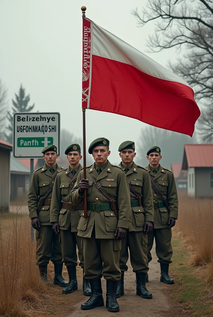 Create art, where are Belarusian soldiers posing over a village with a flag their flag is white-red-white it consists of three horizontal equal stripes - white red white, with the ratio of width and without the coat of arms purely vertical flag white-red-white behind them stands a road sign with the text Medvezhye-Sankovo