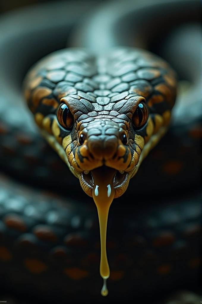 Close-up of a cobra with its mouth open, showing sharp fangs and dripping poison.