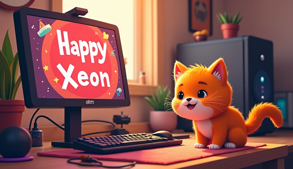 Cute orange cat, gaming computer, Happy Xeon text on the screen computer