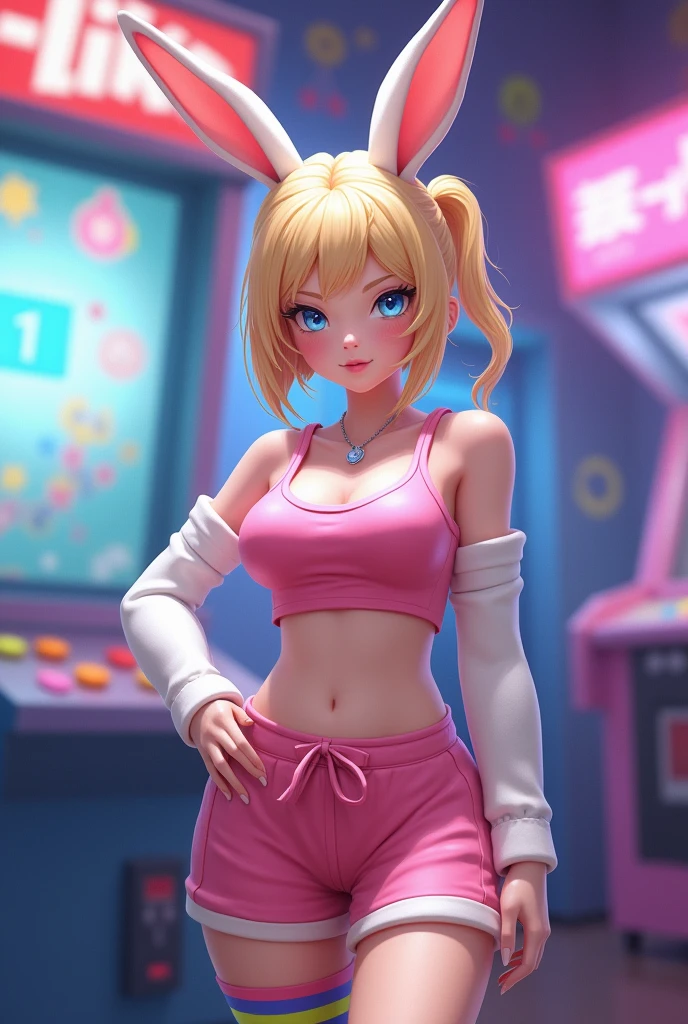 female, anthropomorphic rabbit, white fur, blue eyes, solo, blonde hair, ponytail, straight bangs, blue eyes, short, curvy body, flat chest, pink croptop, shorts, rainbow thigh high, indoors, arcade, highly detailed, realistic
