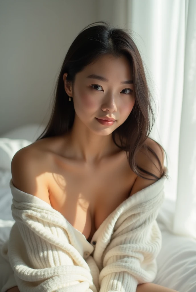 Prompt
candid shot , looking at viewer, nakes Girl , with long dark straight hair, wearing white cleavage off-shoulder sweater, on a bed in a sunlit bedroom , studio light filters , creates a clean, minimalist look, relaxing, happy , sunlight , white skirt,