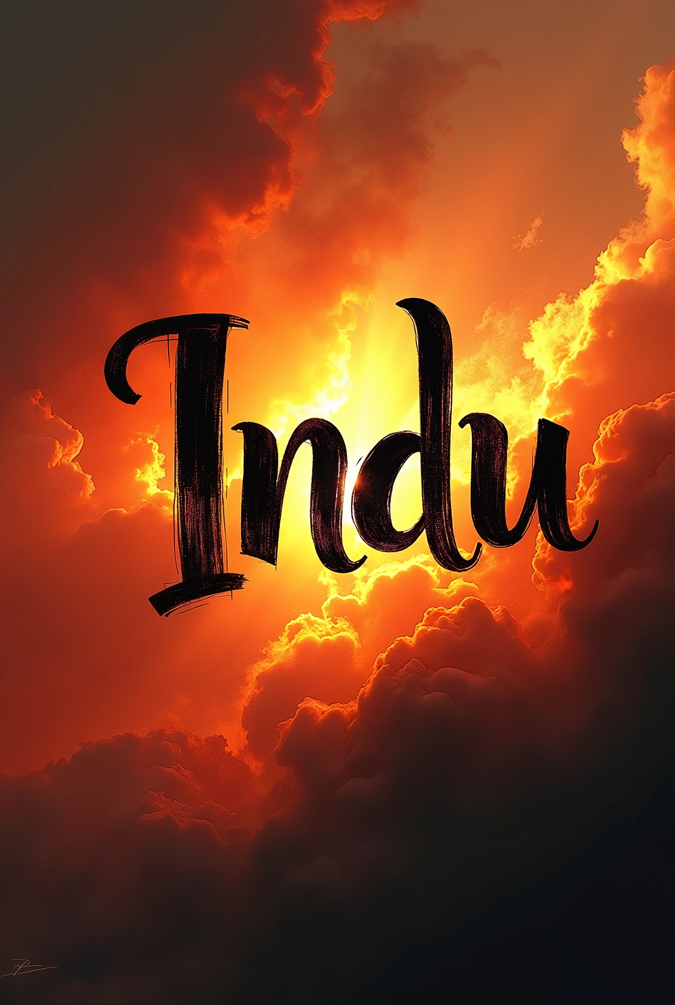 Indu name in calligraphy in background of fiery sky