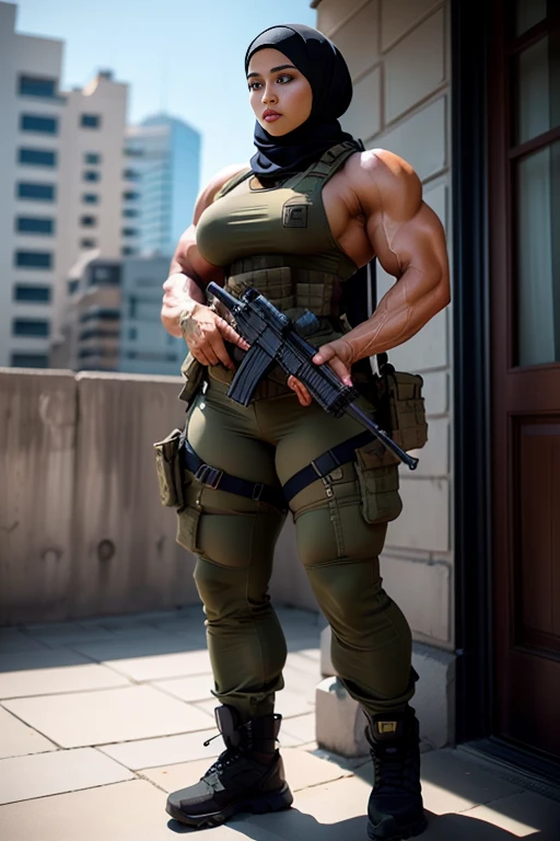 Photorealistic, high resolution, 1 malay woman in hijab, Solo, Hips up, Gaza background，view the viewer, (Detailed face), White hijab, SWAT vests, sniper rifle handle, camouflage combat suit, Camoflage military uniform, bulletproof vest, Holding an assault rifle, M16, Inside the city of Palestine, Very detailed, Perfect face, Black eye, jewelry, (full body view), Lifelike, masterpiece, HDR, 4K