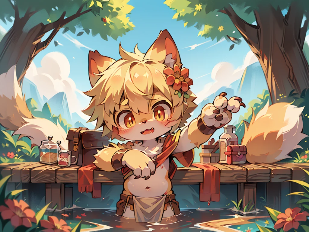 masterpiece,high quality,abstract res,number\(artwork\), From dagasi, Yes,Seizan,(Flower Charcoalo,Fluffy fur,character focus:1.1),Flower Charcoalo male cat,short hair,portrait , Bright eyes, panoramic, character focus.(Detailed background:0.7), solo, hairy, hairy male, Male focus, Masterpiece of time,high quality,abstract res,number\(artwork\), From dagasi, Yes,Seizan,(Flower Charcoalo,Fluffy fur,character focus:1.1),Human male fox,Bright eyes, panoramic, character focus.(Detailed background:0.6), solo, hairy, hairy male, Male focus, Flower Charcoal,(Hairy all over, Hairy tail)fur,A five-year-old boy,cute,Hip bulge,Toddler,Blood-red pupils,A tail with a white tip,The ends of the limbs are white,Cute meat pads,Claw,cute boys,The ear tips are orange,Big hairy ears,Hairy big tail,Reasonable composition,Pale yellow hair,naked,Brown cloth bag,In the woods,Extremely fine water,White loincloth,Slightly reddened,Blonde short hair,Thin children,Blonde hair,cute child,cute little adventurer,Be open-minded,Ultra-clear。