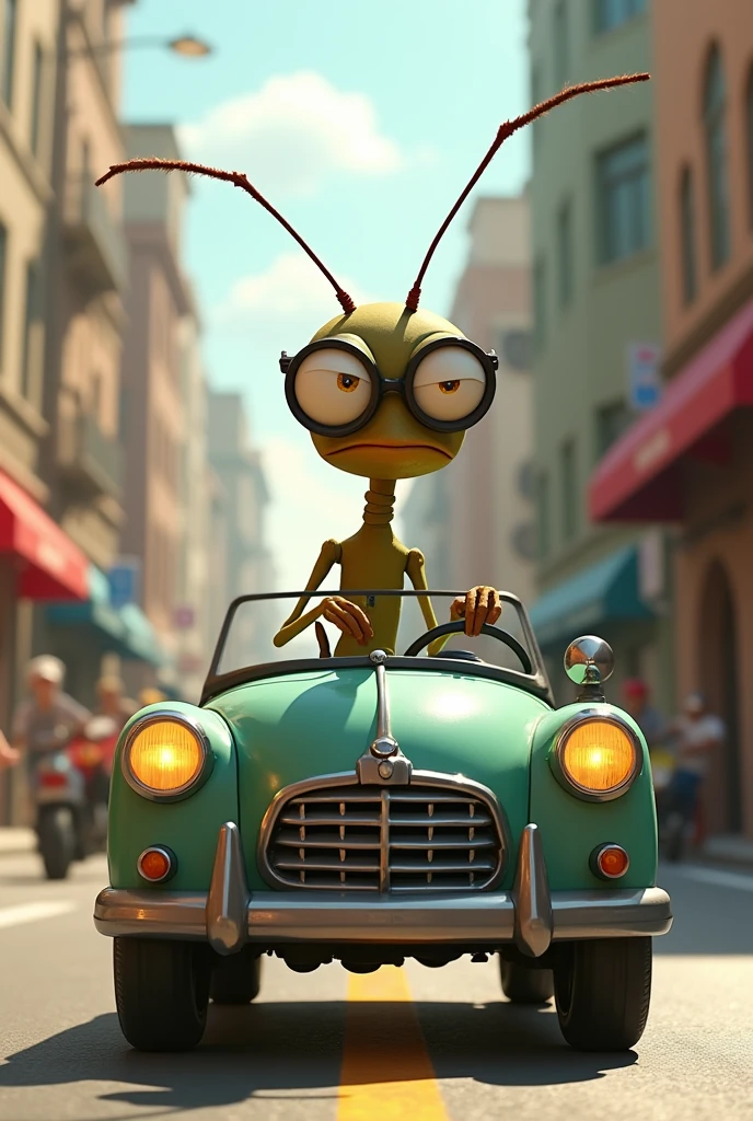 Create Pixar-style image of skinny mosquito with glasses driving a car in a bad mood