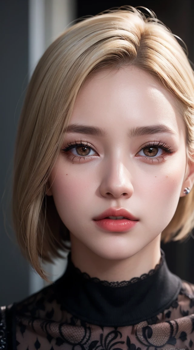 Realism, Realistic, ultra realistic details: velvety skin, blonde short slicked to the side hair, symmetrical lips, light glossy red_lipstick, long blue_eyelashes, pupils, BREAK, Caucasian model of, masterpiece, top quality, raw photo, photorealistic, incredibly ridiculous, beautiful girl, cute, depth of field, high resolution, ultra detail, fine detail, high detailed, sharp pupils, realistic pupils, sharp focus, cinematic lighting , cohesive hairstyle, Blonde, Clean clothing, Face closeup, (clear sharp focus, not blurry, Realistic brown_eyes:1.35), Masterpiece, Realistic skin texture, Ultra detailed, Lustrous hair and skin