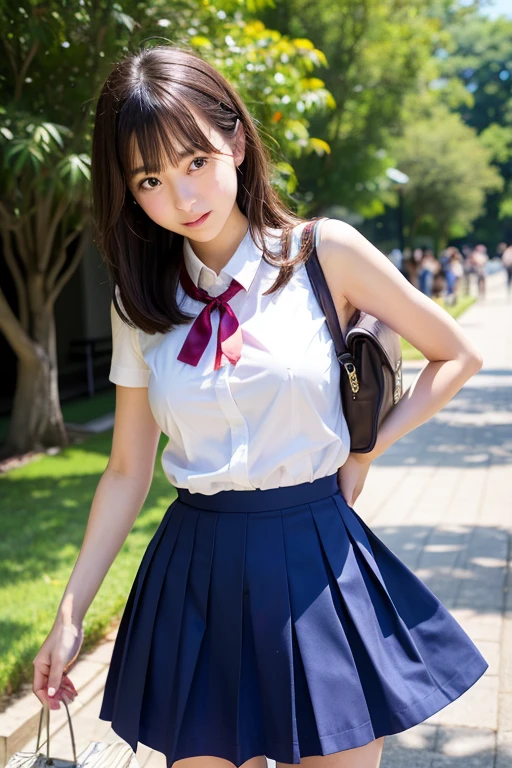 Beautiful face in every detail、Thin arms、Beautiful legs、Fair skin、Japanese schoolgirl、Moderate skin exposure、Small and thin body、Wearing summer uniform、cute、Whole body shot、High resolution, Big round breasts, Are crying, Tears,