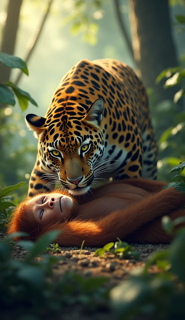 
Prompt: A serene jungle scene where a powerful Jaguar is seen crouching over a resting Orangutan animal with large cheek pads (flange) and specialized throat pouch on the forest floor. The Jaguar, with its sharp yellow eyes, displays a protective and curious stance, while the male orangutan sleeps peacefully, its orange fur contrasting with the Jaguar’s spotted coat. Soft rays of sunlight penetrate through the dense trees, casting a mystical glow over the scene, with the forest in the background shrouded in a light mist