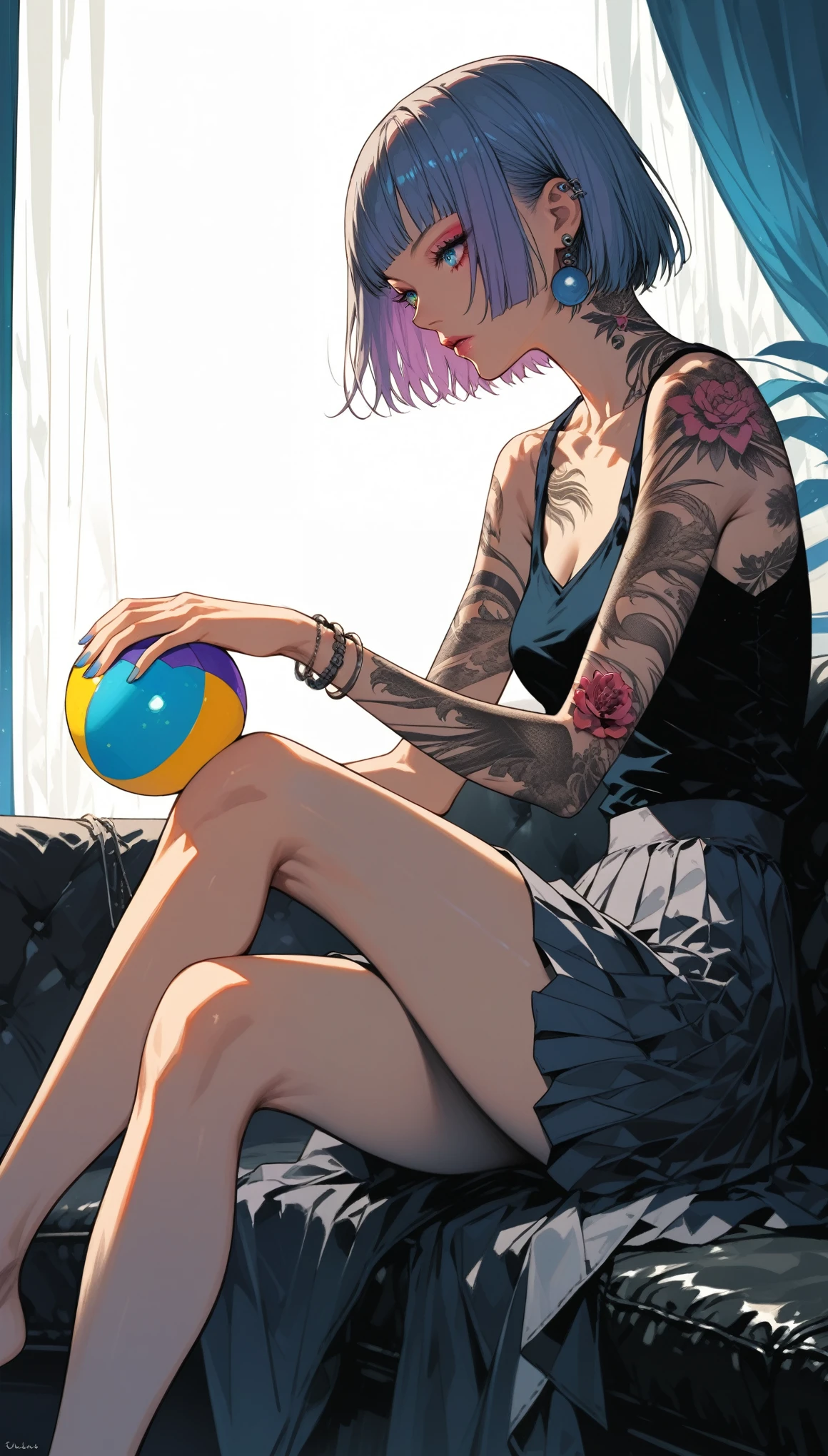 (score_9,score_8,score_7_up,score_6_up)sinozick style,flat color, dark theme
BREAK
yodenn_4 reverse_1999 ,mercuria_(reverse_1999), absurdres highres,
1girl ,ball bare_shoulders, bead_curtain, black_skirt, blue_eyes, blue_nails ,blunt_ends, bob_cut ,bracelet couch, crossed_legs, curtains, disco_ball, earrings, feather_boa, feet_out_of_frame, from_side, grey_hair, grey_tank_top, hair_ornament, hand_up, holding, holding_ball, jewelry, looking_at_object, miniskirt on_couch, profile, purple_background, short_hair, shoulder_tattoo, sitting, skirt, solo, tank_top, tattoo,