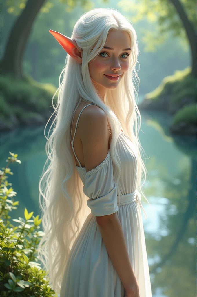 Elf girl, adult, age 20+, has long white hair, blue eyes, wearing white dress, lake background, smiling at the viewer