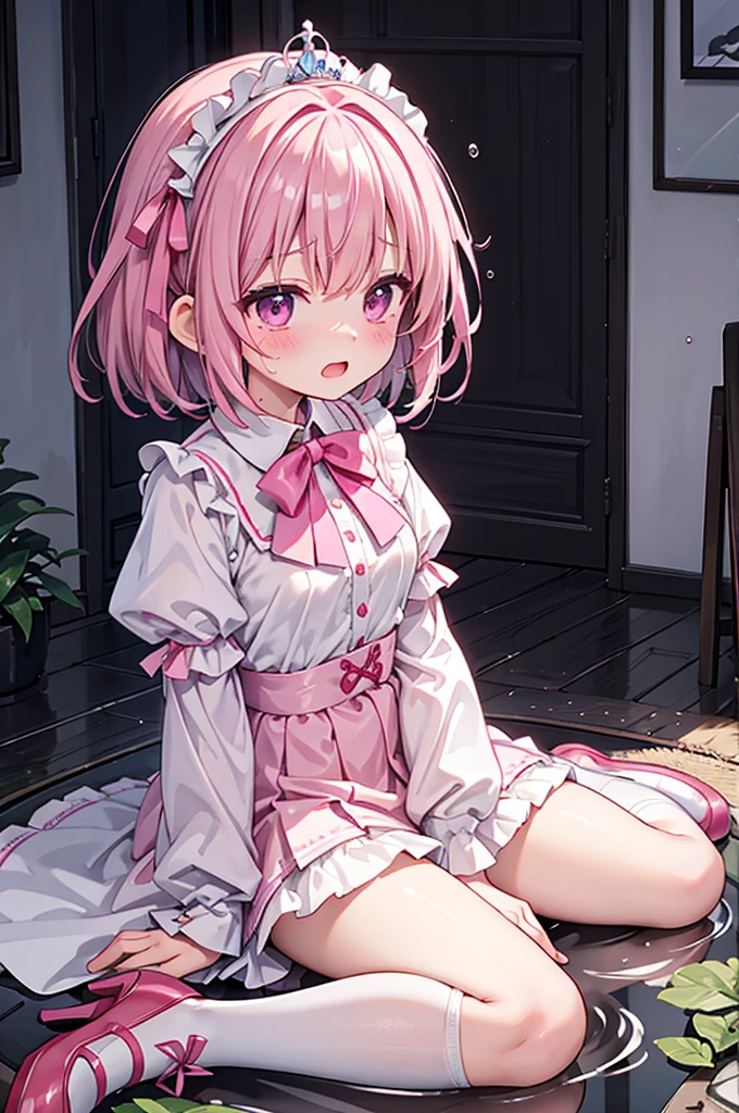 Highest quality、Shiny silk pink ribbon micro mini skirt、princess、Symmetrical outfit、Large double bow tie with large diamonds、White collar、White over-the-knee socks、Lace Stall、Pink high heels with ribbon、Flushed Cheeks、Embarrassed look、panic、Big Breasts、A large tiara with a pink ribbon、Short Hair、See-through、No bra、Open your mouth wide、Cry、Hair blowing in the wind、Soaking wet、Sit upright on a small puddle、Bedroom in the castle、Facing forward、Low - Angle