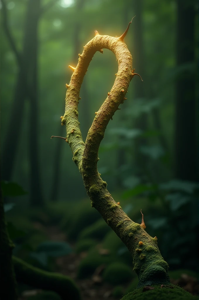 Generate picture of a Whip of golden colored edges and deep green colored grip. Background is to be forest sounds