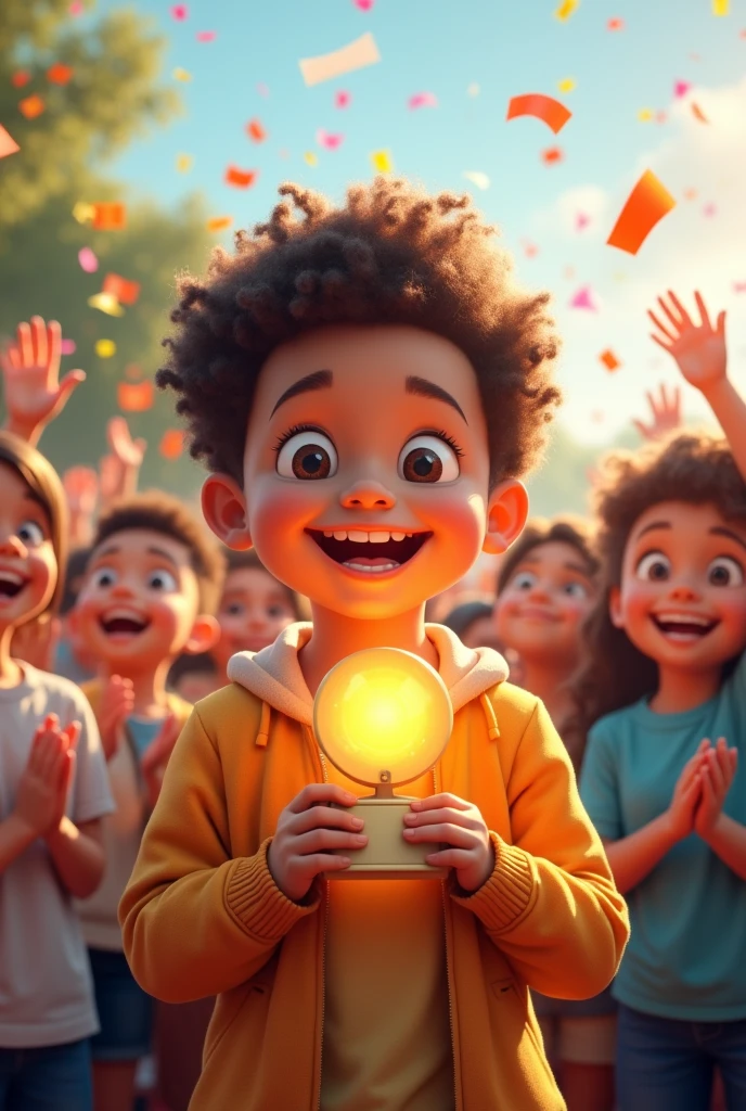 Create an image of A happy child holding a school award, with a backdrop of a cheering crowd and confetti falling, signifying success.