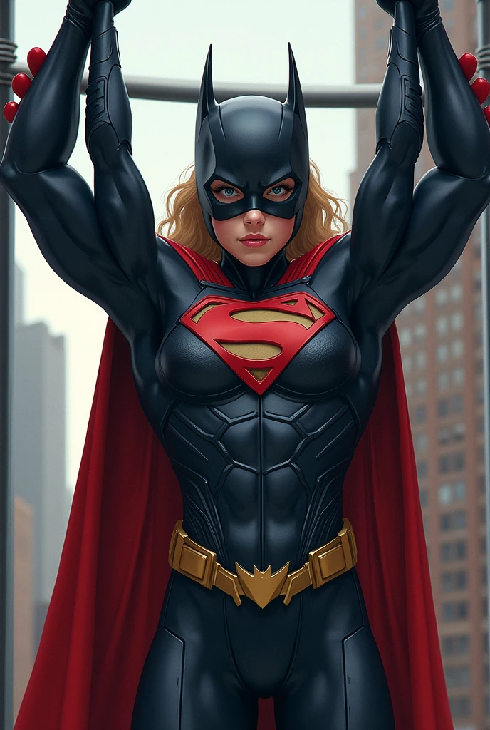 A batkid girl doing pull ups with Superman