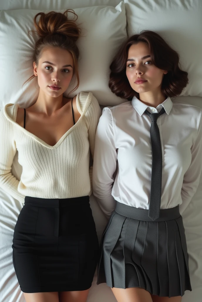 Realistic photo from above of two slim pretty Caucasian women lying on a bed. One is aged 21 and has light-brown hair in a bun and is wearing a tight plain-white low-cut cashmere sweater (no bra) and a straight black miniskirt. The other is aged 18 and has short dark-brown hair in a bob and is wearing a tight white shirt, a dark-grey tie, and a dark-grey pleated miniskirt. They are looking up to the camera. They both have both hands behind their backs. Their mouths are slightly open. 