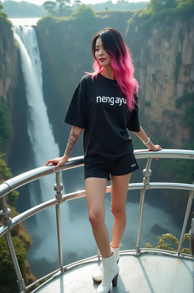 a beautiful Thai woman, standing on a silver metal deck or platform with a view of the waterfall in the background.the woman has pink black hair, gives a modern and stylish effect. He was wearing a black t-shirt that said "Neng Ayu" fhon gold the other, and modern shorts, white boots. This woman is leaning on the platform railing with both hands tattooed with a pink hello kitty pattern., look relaxed and enjoy the beautiful view. landscape