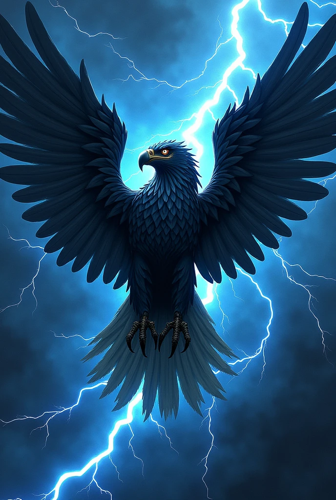 create one symbol of eagle which have color combination of black and light blue in front of that symbol write Electrical thunder