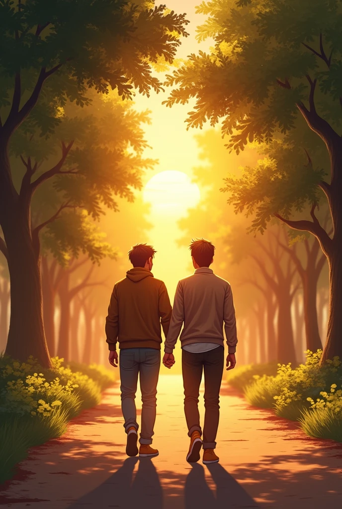 Two males friends are walking straight down a tree-lined path with the sun setting in front of them and the sun's rays falling on the two friends.