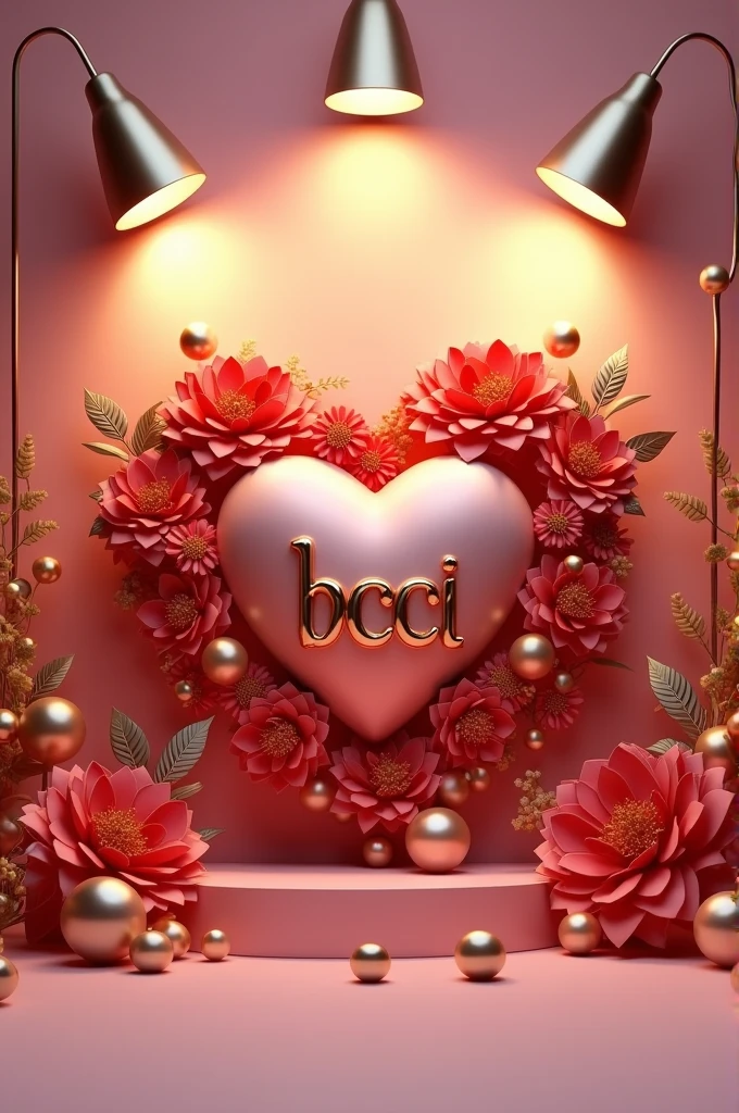 A stunning 3D artwork featuring a large heart-shaped object at the center, with the name 'BCCI' inscribed in elegant black, brilliant golden letters. The heart is illuminated by three modern lamps, casting a warm glow over the intricately designed flowers in shades of red and brilliant gold. The flowers are artfully arranged with golden spheres, brilliant pearls, and decorative leaves, adding a touch of luxury and sophistication. The soft pink background creates a romantic and elegant atmosphere, making this artwork a true masterpiece