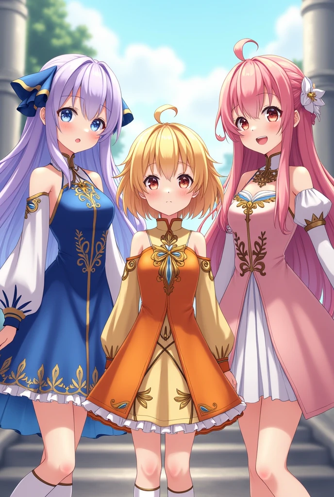 3 beautiful young girls the first girl with long lavender hair with bangs with dull light blue eyes wearing a gorgeous blue and white dress with detailed sleeves and very short socks. The second girl with short sun yellow hair with bangs and a yellow and orange dress with a big gold necklace is the happiest and the third has long hair with bangs to the sides strawberry pink with dull pink eyes in a strong and light pink dress with white with one side at the waist long socks ( They are all ) medieval era anime ( the dresses are like the gemshin impact game)