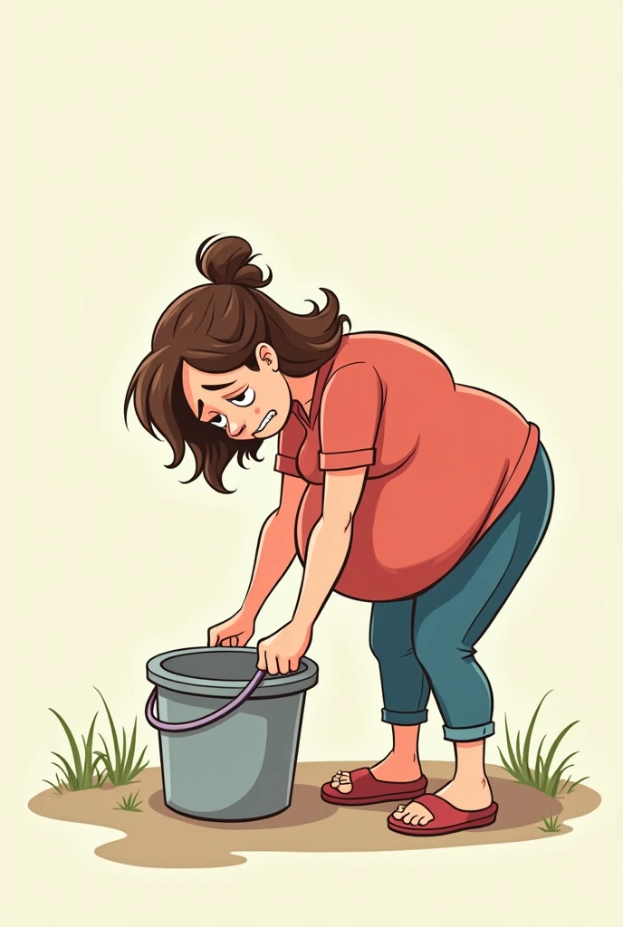Cartoon image of a pregnant woman bending over to pick up a bucket with a tired face 