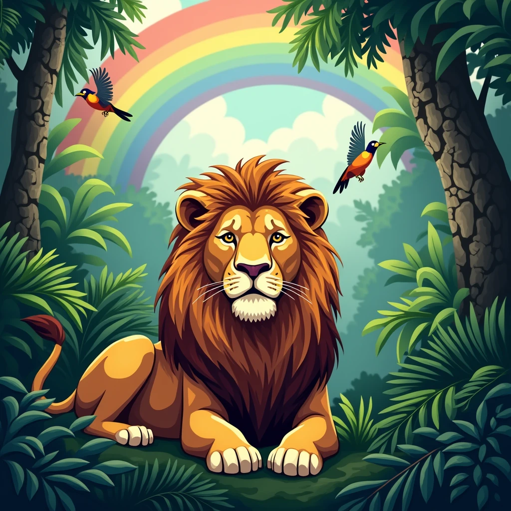 Lion sitting in Amazon forest, birds flying, nature, green, animals, beautiful, detailed, rainbow, masterpiece, realistic/cartoony
