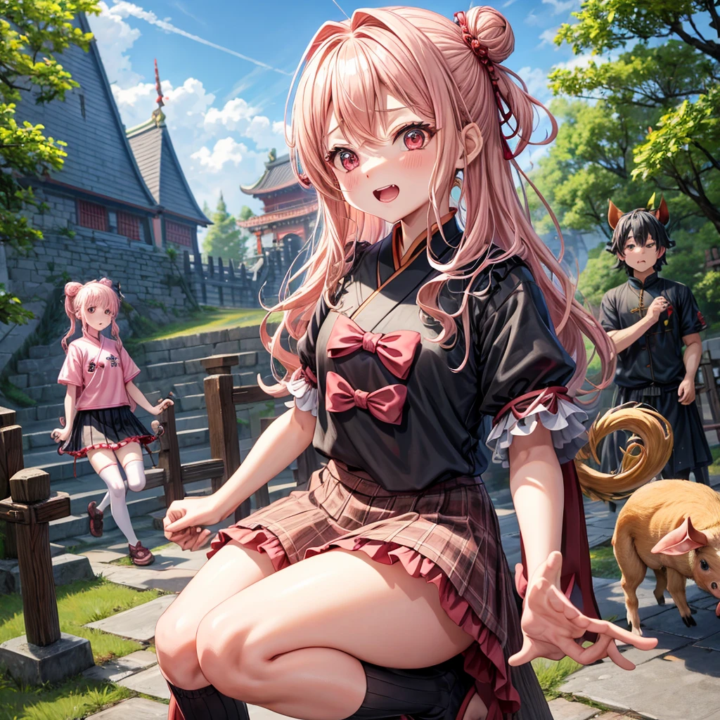 Pink Blonde、Red eyes、Wavy Hair、Hair tied up、Two cute、Checked mini skirt、black t-shirts、China、Frills、Knee-high socks、Teeth are visible、Monster Castle、Tilting face、grass、Stones are growing out of the ground.、In front of the city gates、Underground tunnels、Wooden bridge、The stone is cracked、Ashura Statue、Giant wood、There is a step on the ground、Piglets in a String