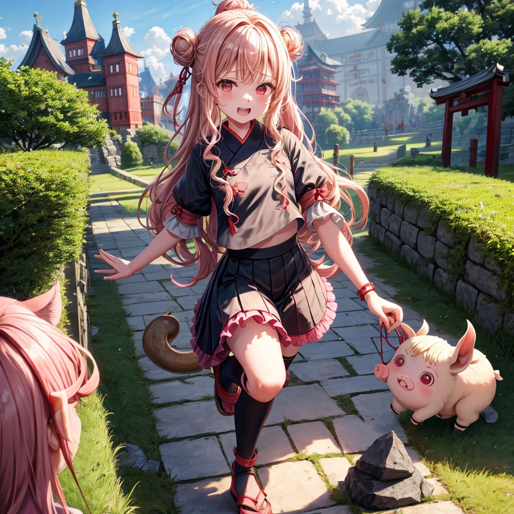 Pink Blonde、Red eyes、Wavy Hair、Hair tied up、Two cute、Checked mini skirt、black t-shirts、China、Frills、Knee-high socks、Teeth are visible、Monster Castle、Tilting face、grass、Stones are growing out of the ground.、In front of the city gates、Underground tunnels、Wooden bridge、The stone is cracked、Ashura Statue、Giant wood、There is a step on the ground、Piglets in a String