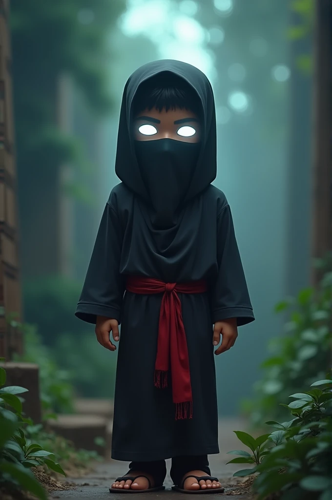 A boy wearing jakat,looking , red tai,black mask on full face White eyes, mincraft theme