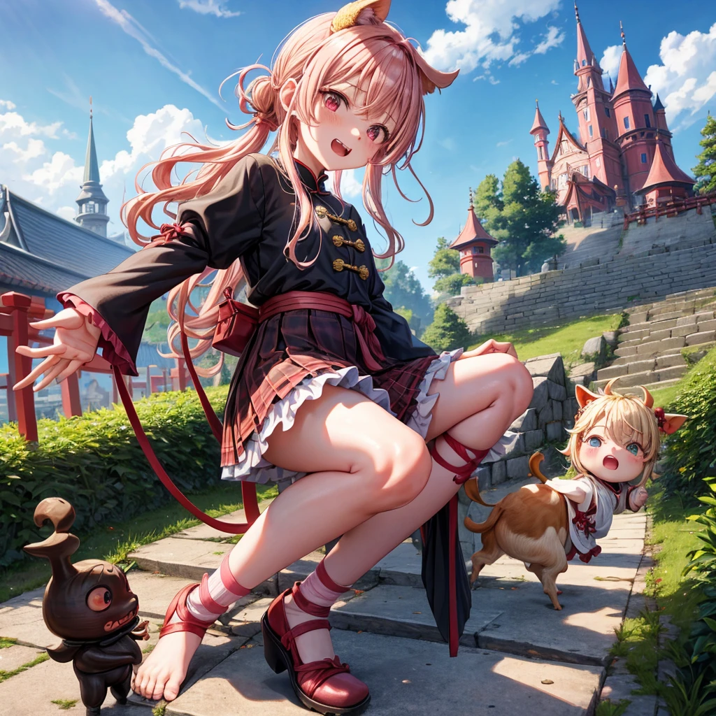 Pink Blonde、Red eyes、Wavy Hair、Hair tied up、Two cute、Checked mini skirt、black t-shirts、China、Frills、Knee-high socks、Teeth are visible、Monster Castle、Tilting face、grass、Stones are growing out of the ground.、In front of the city gates、Underground tunnels、Wooden bridge、The stone is cracked、Ashura Statue、Giant wood、There is a step on the ground、Piglets in a String