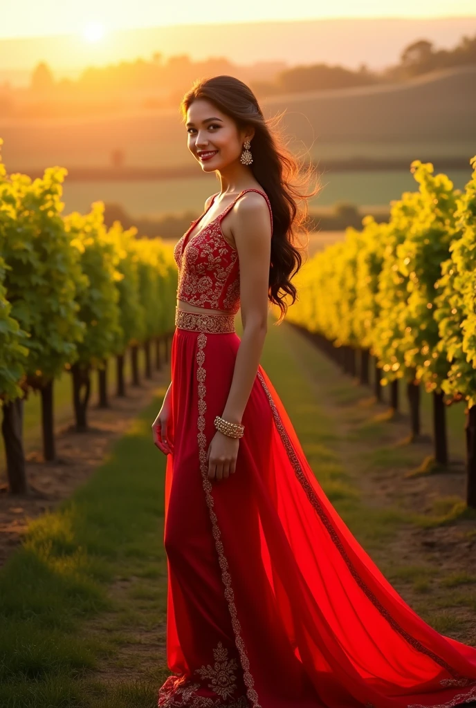 The image shows a woman standing in a vineyard, surrounded by rows of grapevines. She is wearing a bright red outfit with gold embroidery and matching accessories, including earrings and a bracelet. The background features a scenic view of the vineyard under a warm, golden light, suggesting a sunset or sunrise