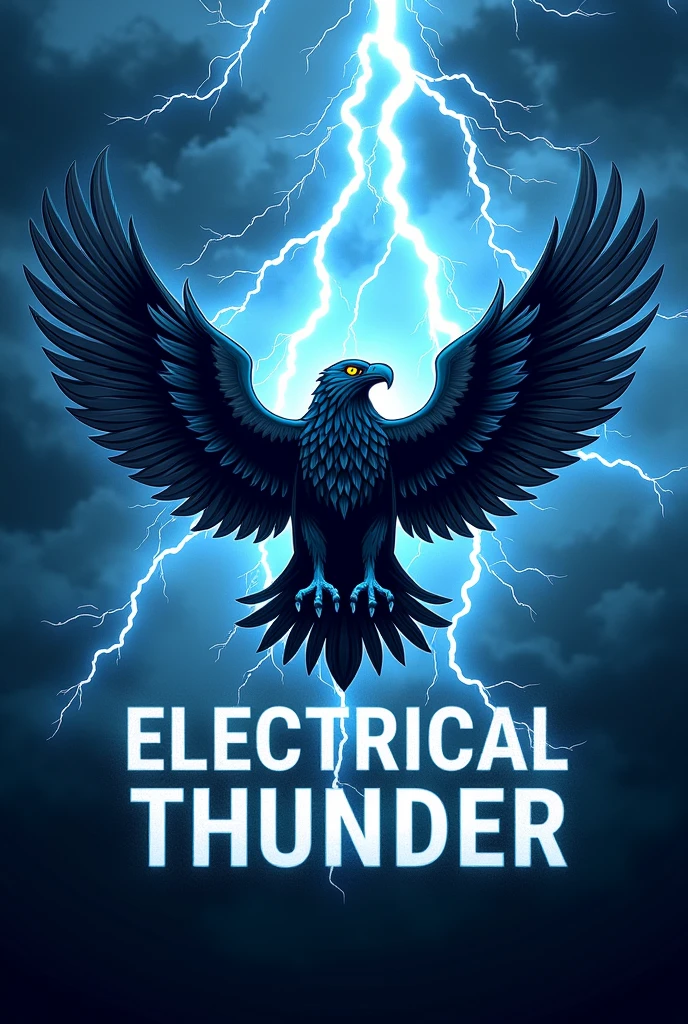 create one symbol of eagle which have color combination of black and light blue in front of that symbol write Electrical thunder in capital 