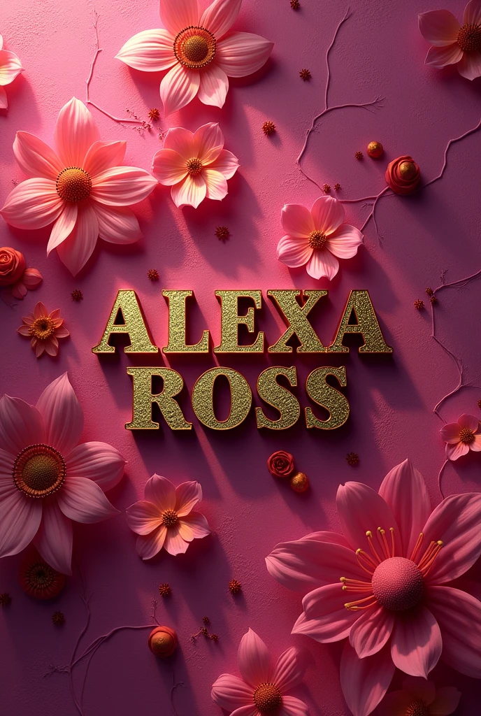 Logo for a film, TV and music production company. Name Alexa Ross. In black and gold colors. ,Pink and fuchsia with a pink background with a flower texture