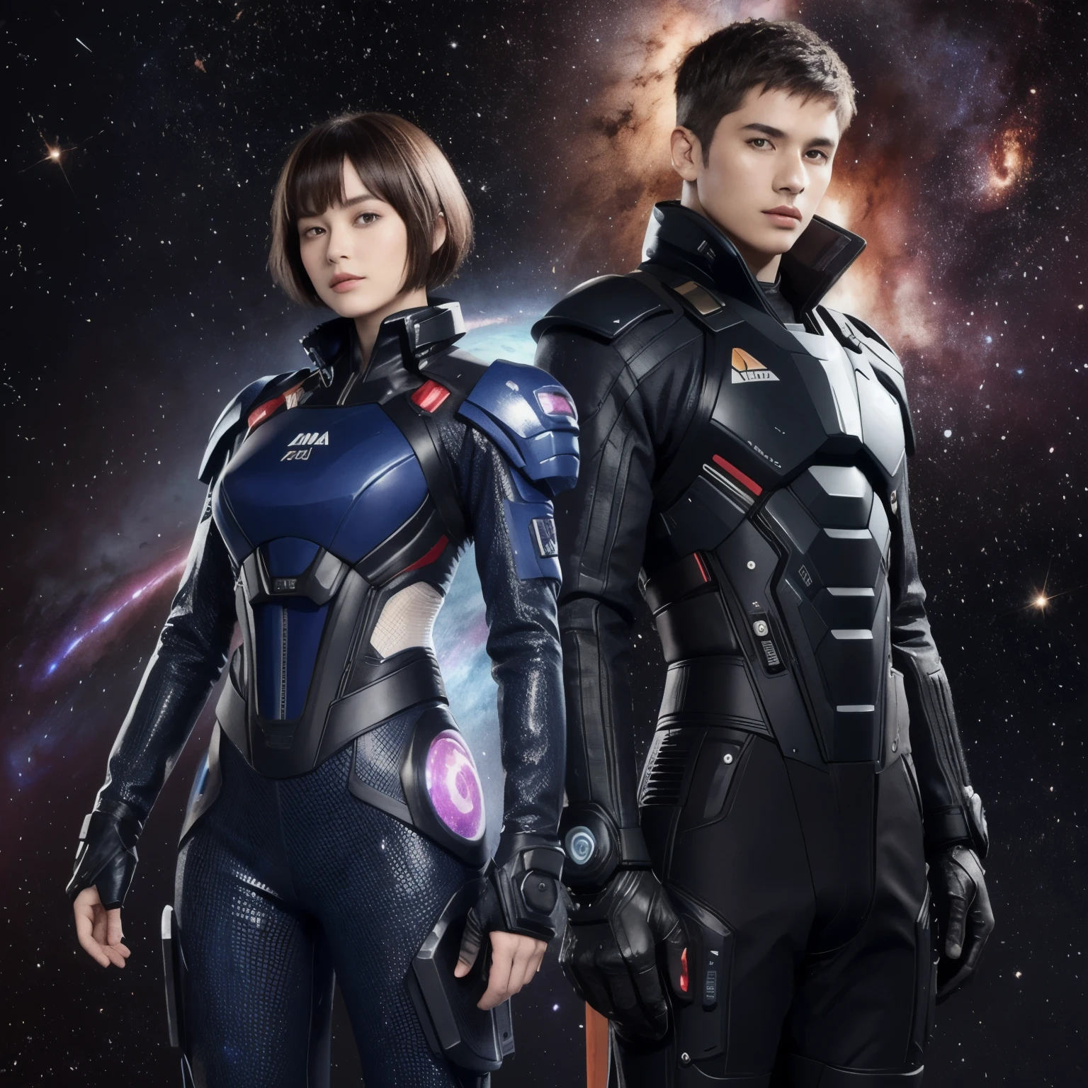 277 (20-year-old woman,Short Hair), (20-year-old male), Are standing, flower, Futuristic clothing, machinery suit, (The background is a galaxy and nebula)