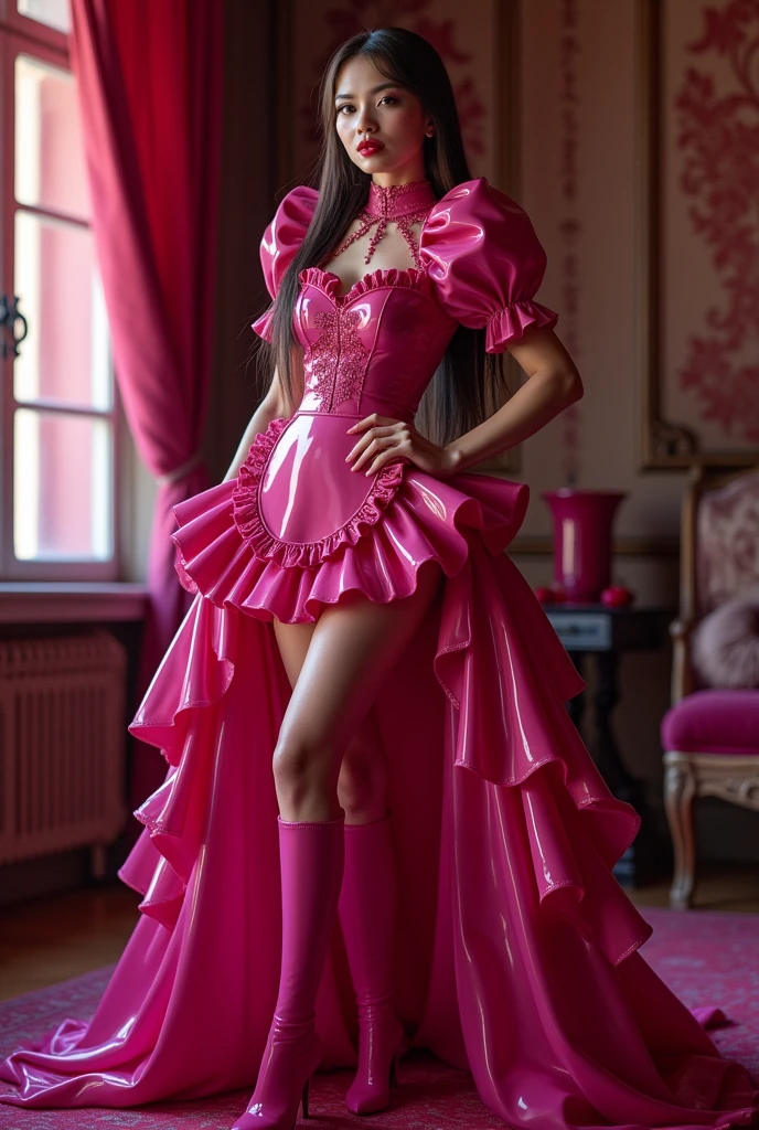 slim latex magenta maid, brasil, puff sleeve, many ruffles, neckline,very very red lips, show the whole body, verkneehigh latex boots, voluminous skirt, The whole dress touches the floor, (vagina), (shaved pussy)