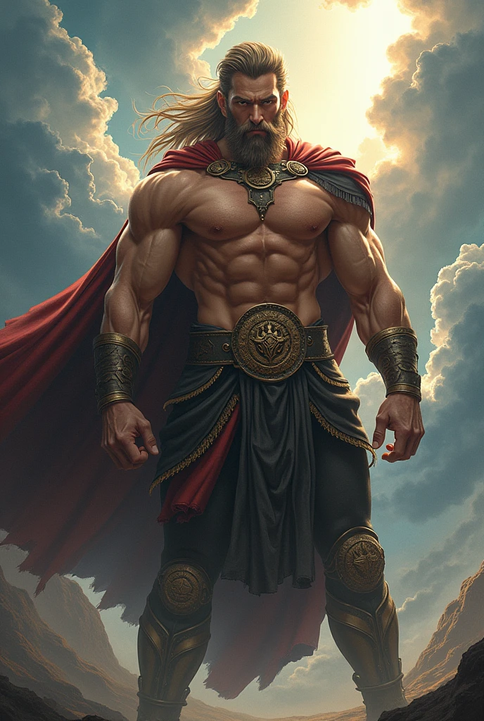 A warrior that is a mixture of , marvel Thor, goku, ares, god of war Zeus and Hercules, bare chest, buff, ripped, abs,