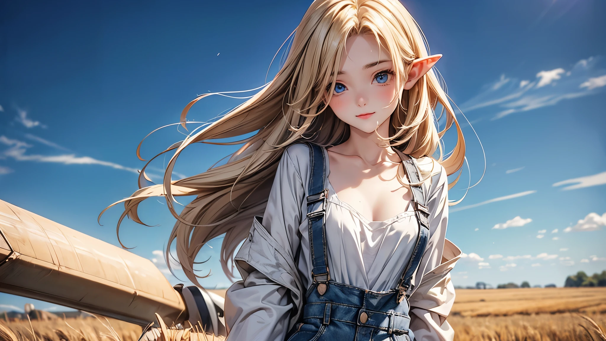 ((Masterpiece)), (Anime:1.5), ((best quality)), (RAW photo:1.2), (High Definition:1.3), (Professional Photography:1.2), (), (1girl), cute young girl, BREAK, (naughty face:1.3), (Beautiful daiamond eyes:1.5), (pale skin), elf girl, wearing Gray Workwear Coveralls, flat chest, slender waist, BREAK, (hair over eyes:1.2), Silky hair, medium hair, ((blond hair)), wearing Gray Workwear Coveralls, (in a wheat field among agricultural machinery), ((full length image of a girl)), ((low-cut neckline)), (open clothing in the chest area), ((Ukrainian flag on the background in the field)), Ukrainian flag on a flagpole, full length image of a girl, slender legs