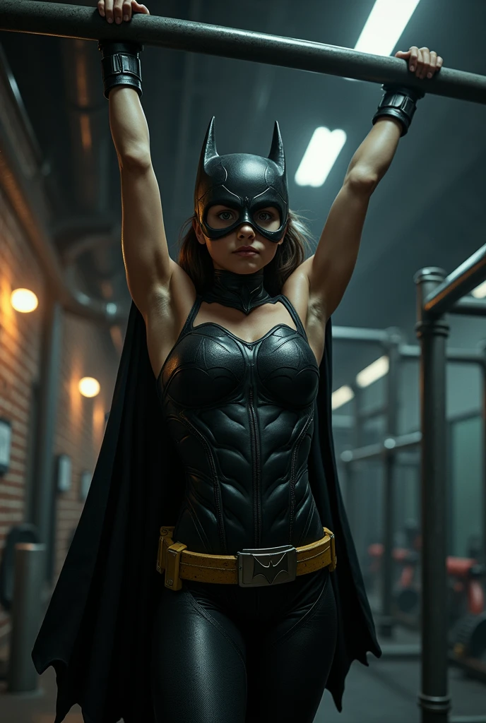 A batkid girl doing pull ups  